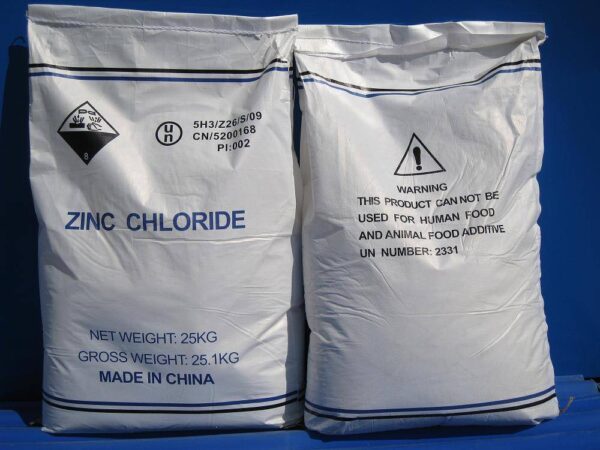 A 25kg bag of white crystalline zinc chloride powder used in galvanizing plants.
