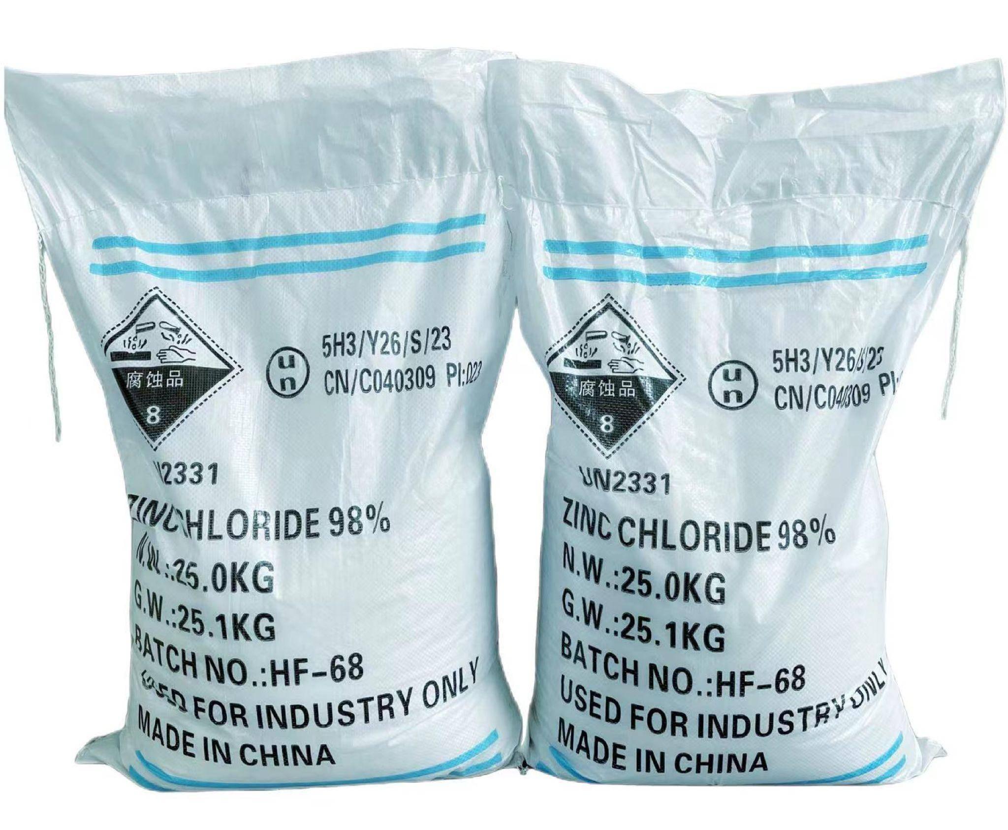 Industrial grade zinc chloride 98% in durable 25kg bags ready for export from China