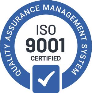 Official blue ISO 9001 certified quality assurance management system badge with checkmark