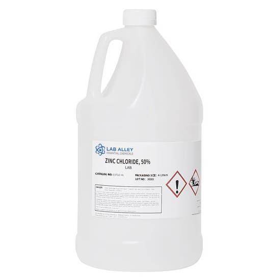 A 4-liter container of 50% zinc chloride solution, labeled for laboratory and industrial use.