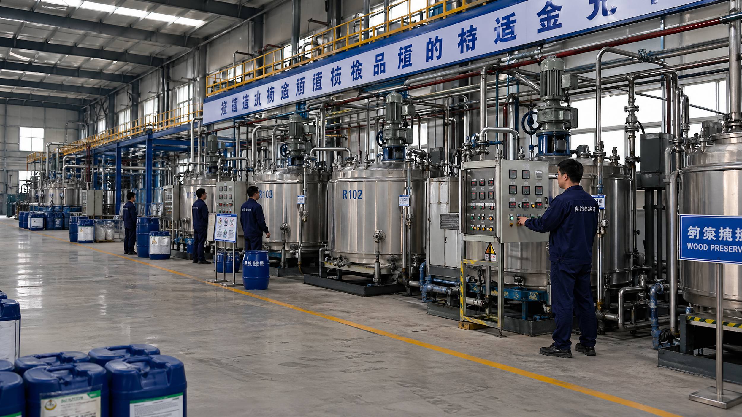 Wide shot of a modern chemical manufacturing factory with Asian Chinese workers monitoring industrial tanks for wood preservatives.