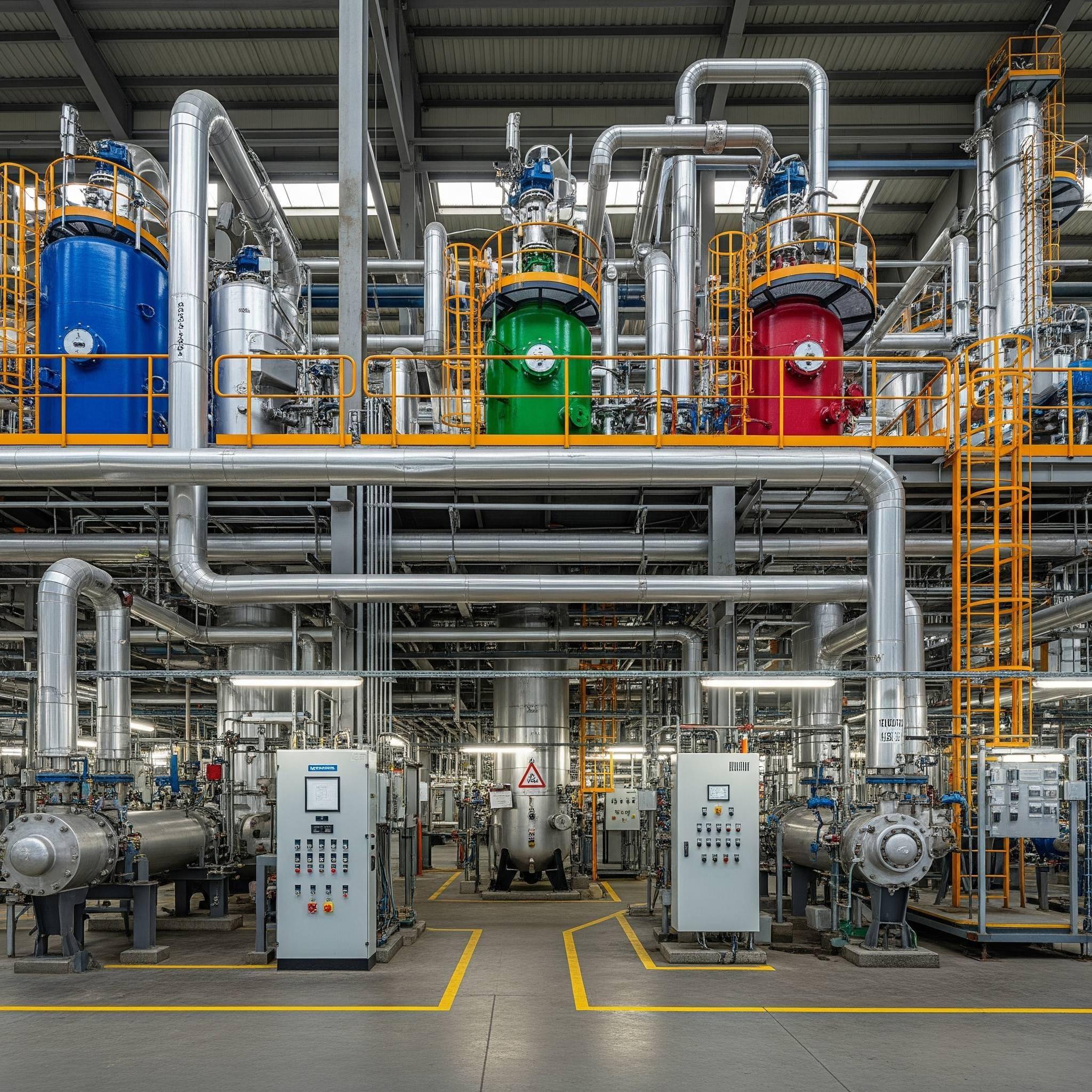 Industrial chemical plant with reactors, pipes, and processing equipment.