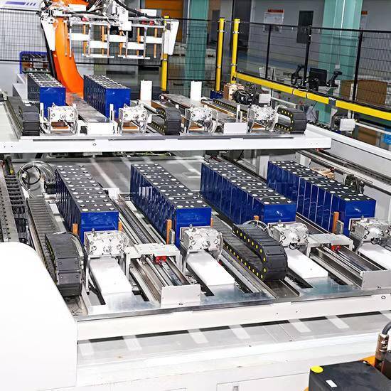 Automated industrial production line used for battery manufacturing.