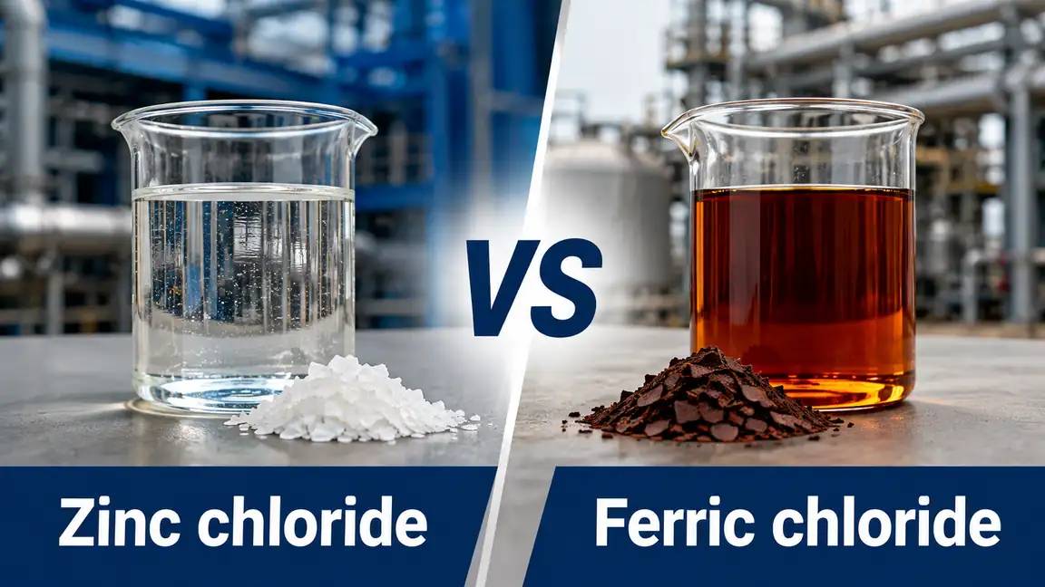 Infografía de comparación industrial entre cloruro de zinc y cloruro férrico que muestra ambos productos químicos en vasos de laboratorio con un símbolo VS central