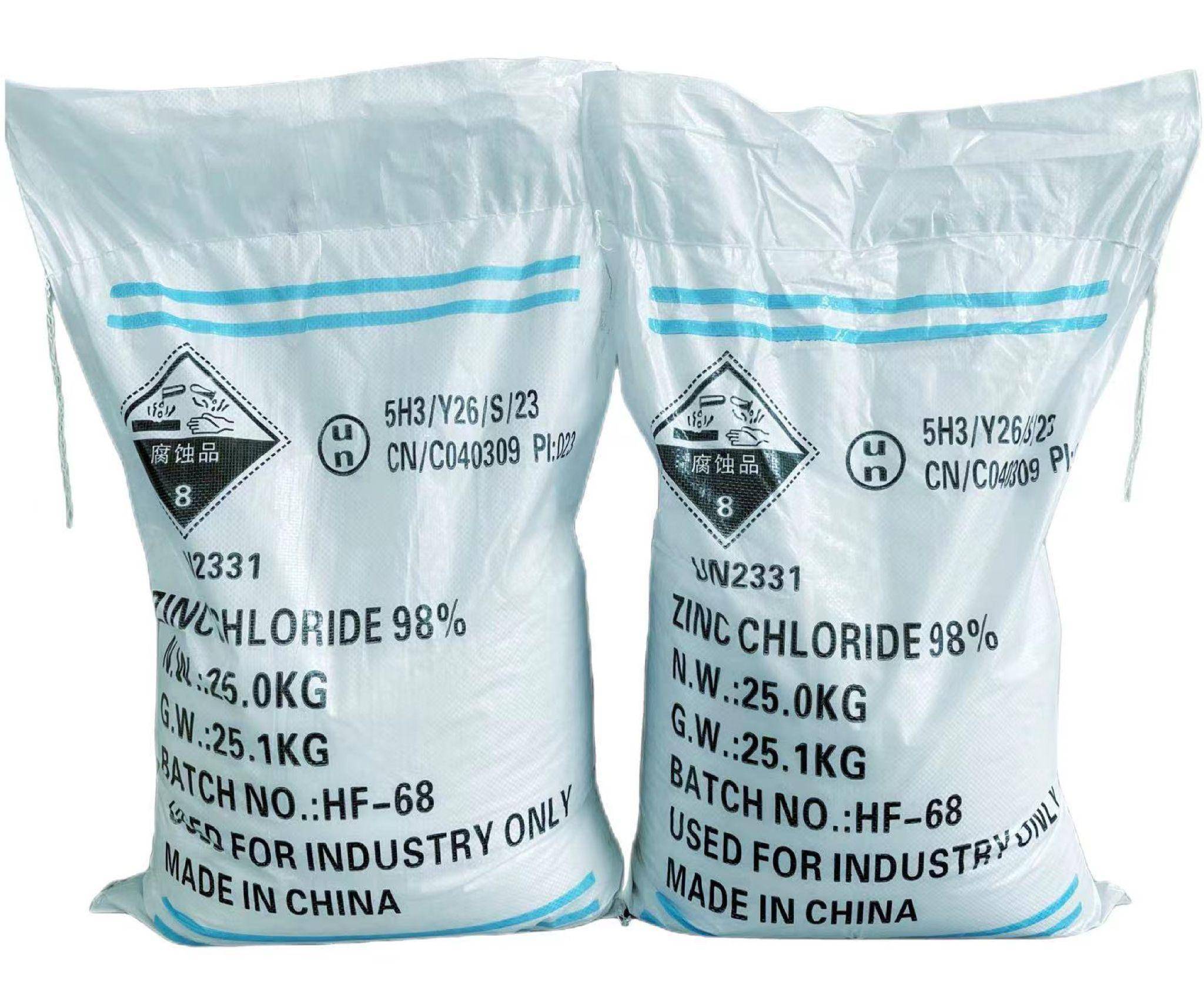 Cloruro de zinc industrial al 98% en sacos resistentes de 25 kg preparados para la exportación desde China