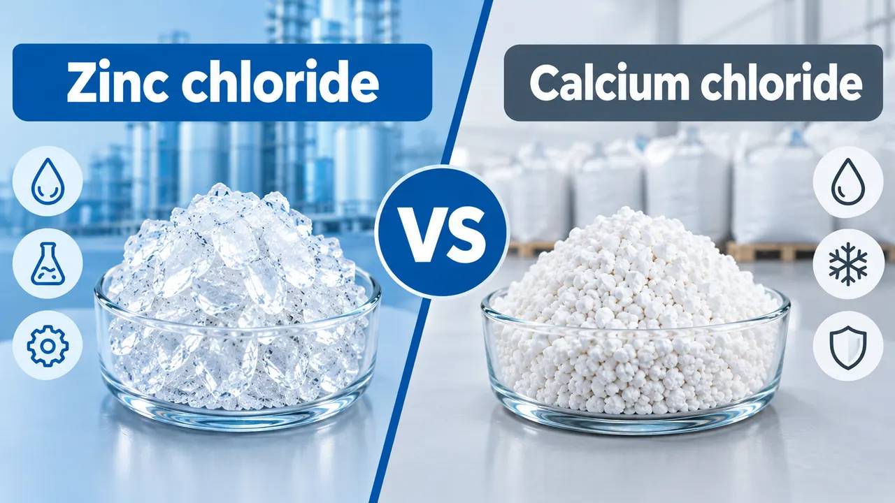 Zinc chloride vs calcium chloride comparison showing both chemicals in glass bowls in an industrial setting.