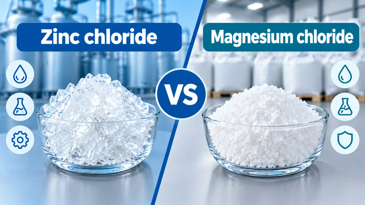 Zinc chloride vs magnesium chloride comparison infographic showing both chemicals in an industrial setting