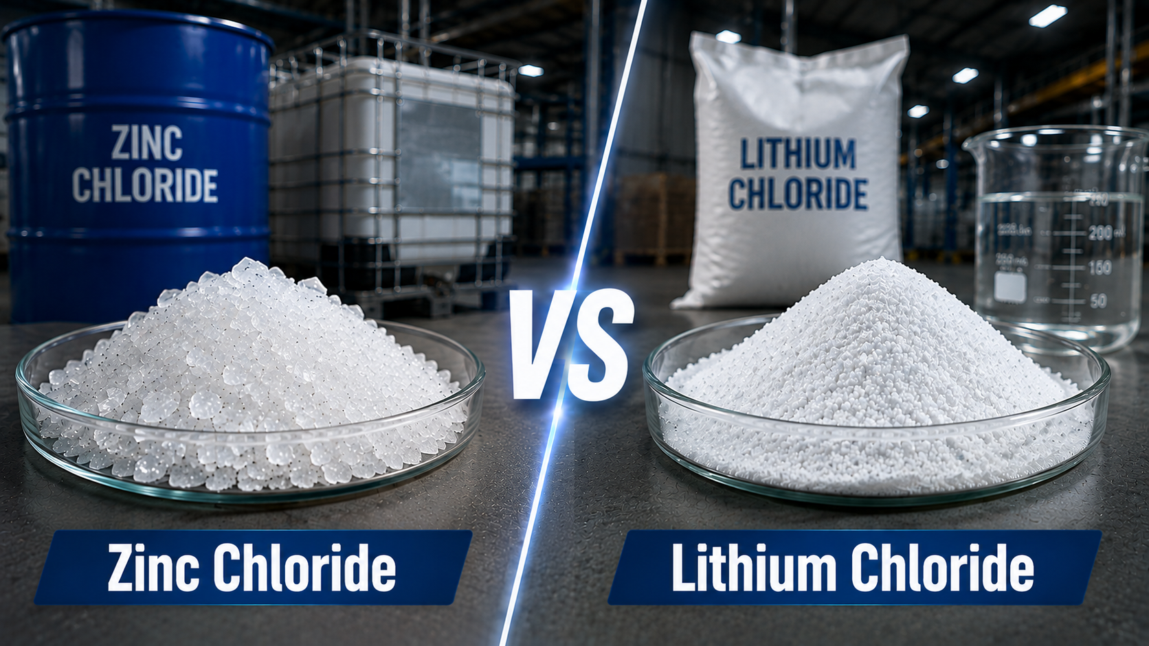 Zinc chloride and zinc sulfate shown side by side in an industrial setting for comparison.