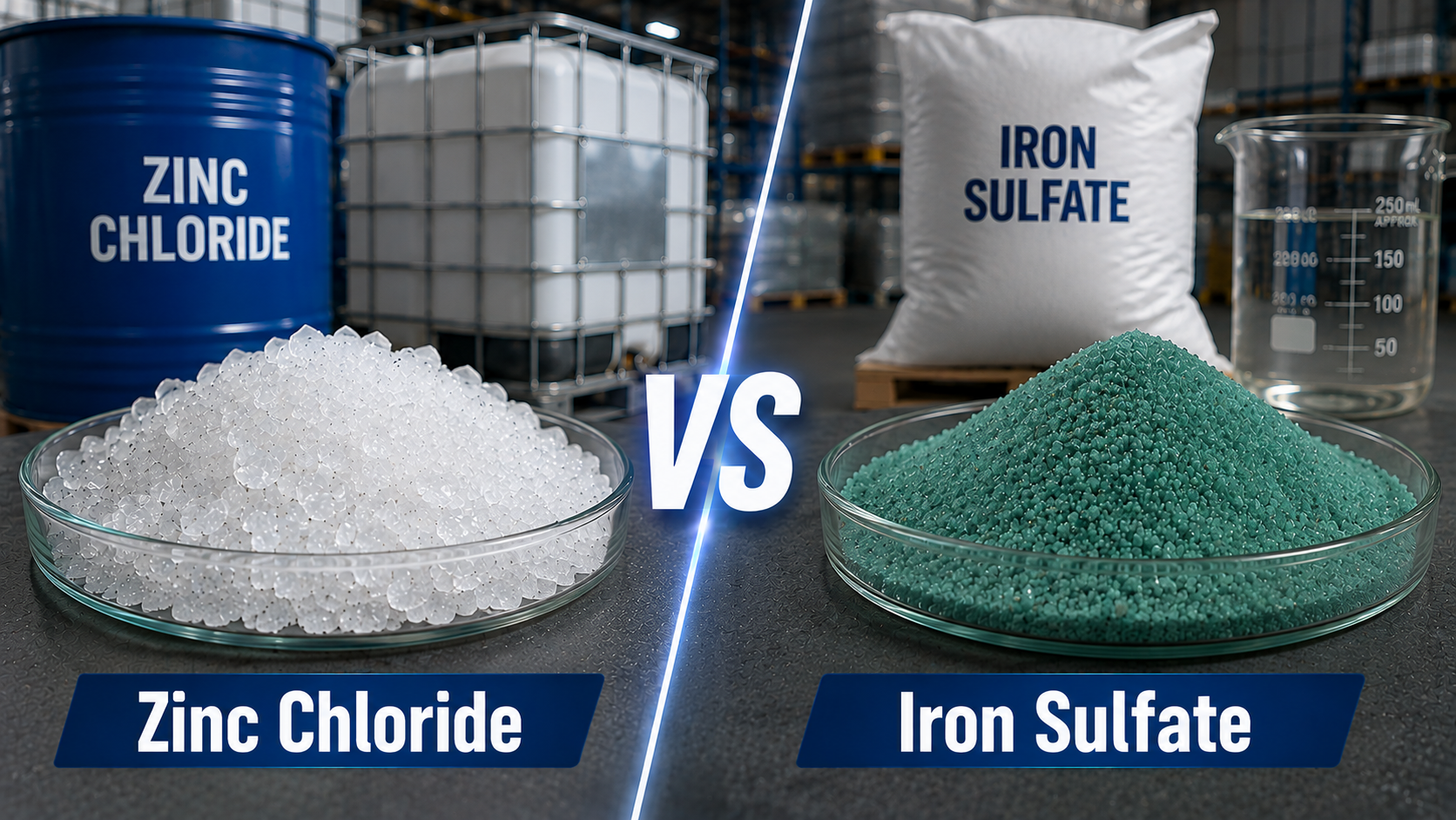Zinc chloride and zinc sulfate shown side by side in an industrial setting for comparison.